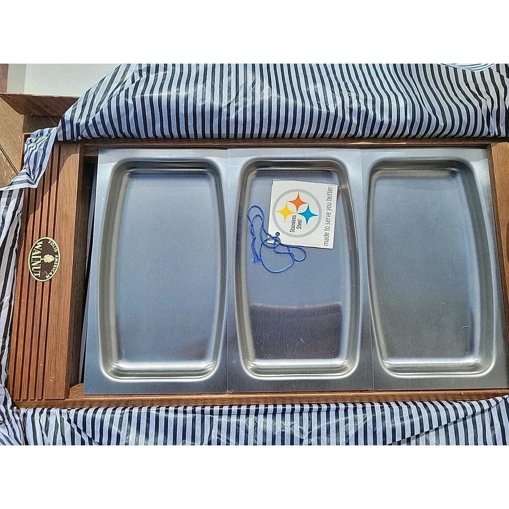 Vintage Flair by Foley Triple Server Solid Walnut & Stainless Steel MCM Picnic